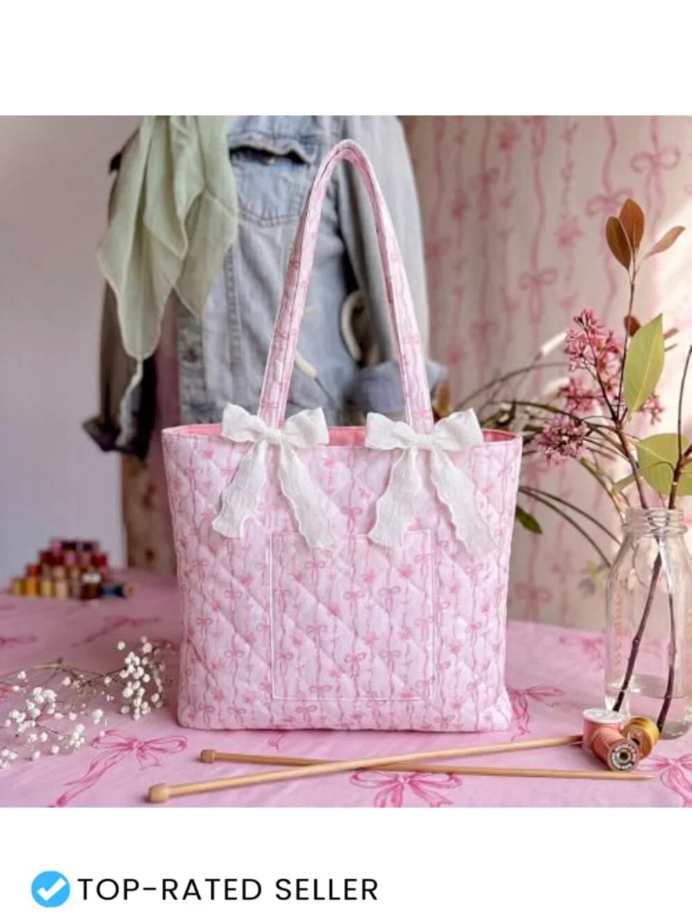 Quilted Tote Bag with Bow Floral Shoulder Bag Cotton Handbag for Work Travel